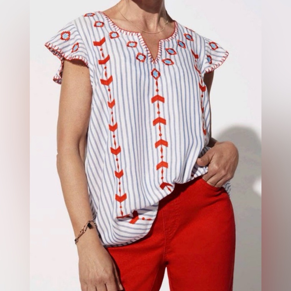 THML Blue Striped Top with Red Embroidery